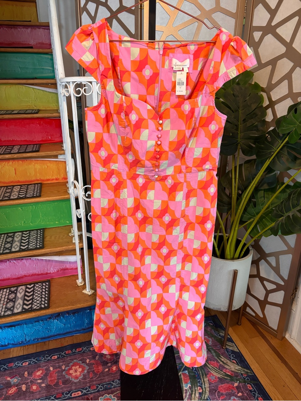 Anthropologie Retro Mod Geometric Midi Dress Pink Orange L NWT